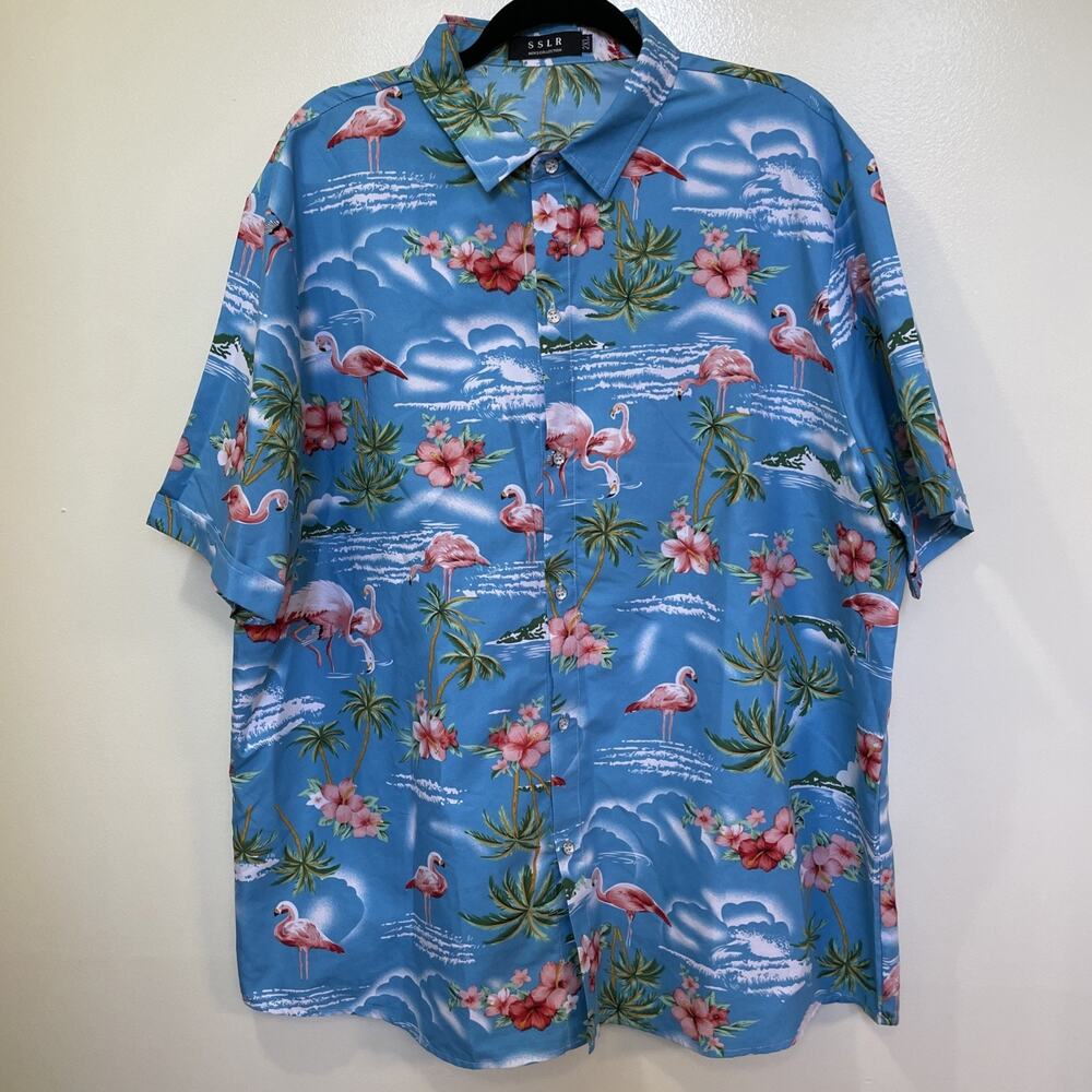 SSLR Hawaiian Shirt Mens 2XL Short Sleeve Button Up Flamingos Shirt Vacation